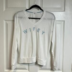 PJ Salvage Wifey Lounge Top Embroidered Long Sleeve White Blue Bridal Top Size S